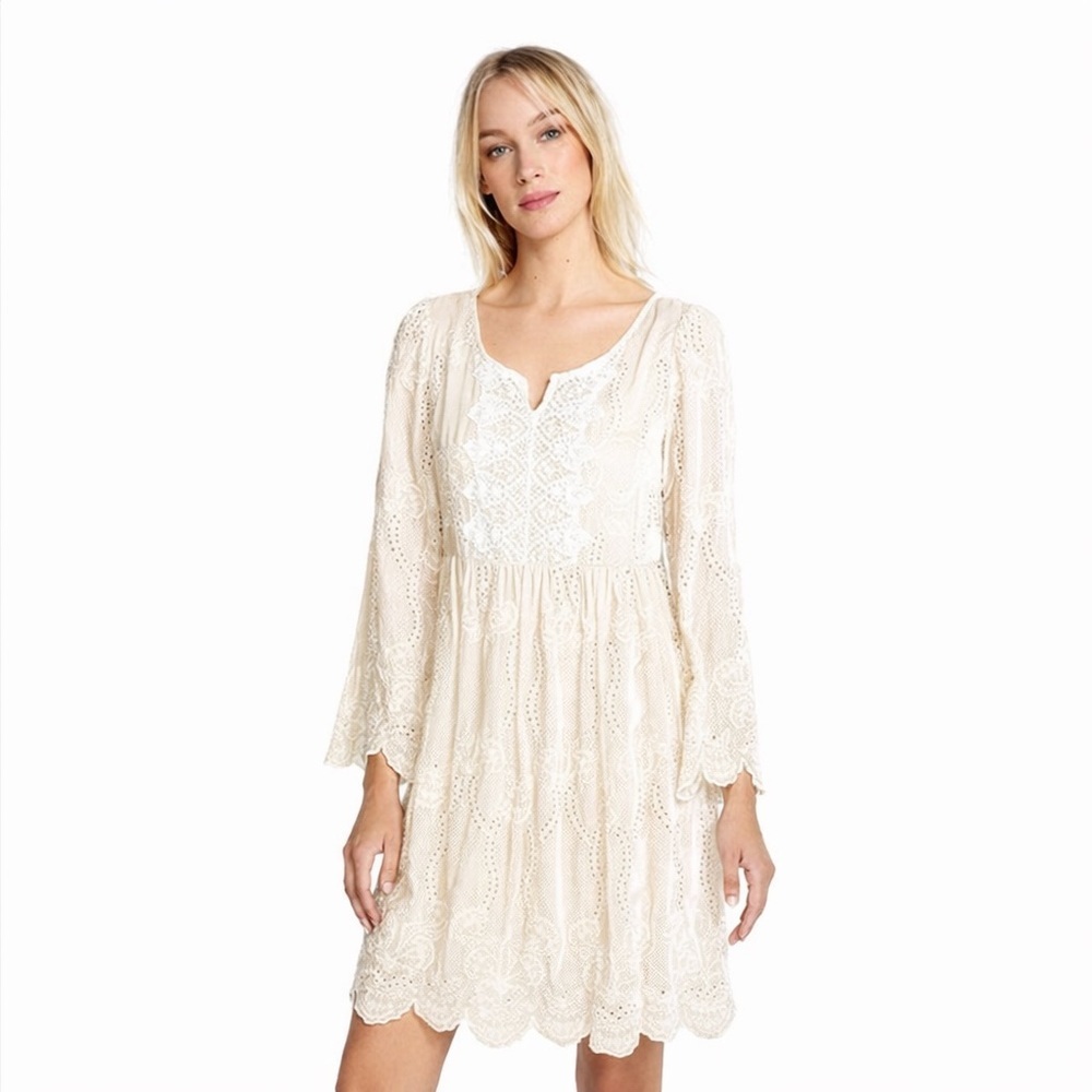 NEW Johnny Was XS Sabina Ecru Floral Embroidered Velvet Bell Sleeves Mini Dress